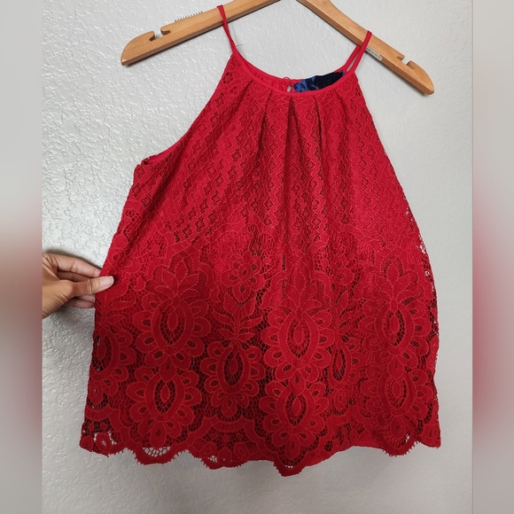 Francesca's Collection Blue Rain Lace High Neck Tank Top - Picture 2 of 10